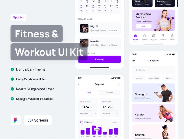 60页，明暗设计，简约大气运动健身锻炼App应用UI设计figma格式