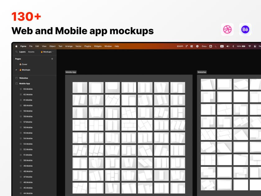 130 个精心制作的网站和app移动应用程序，展示模型样机