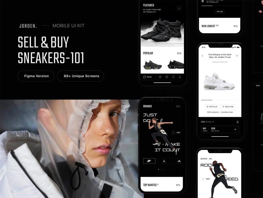 88页酷黑运动鞋电商 UI 套件figma源文件
