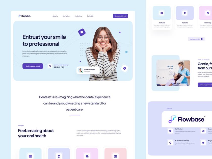 6页整套牙医，医疗医药官网UI设计figma源文件