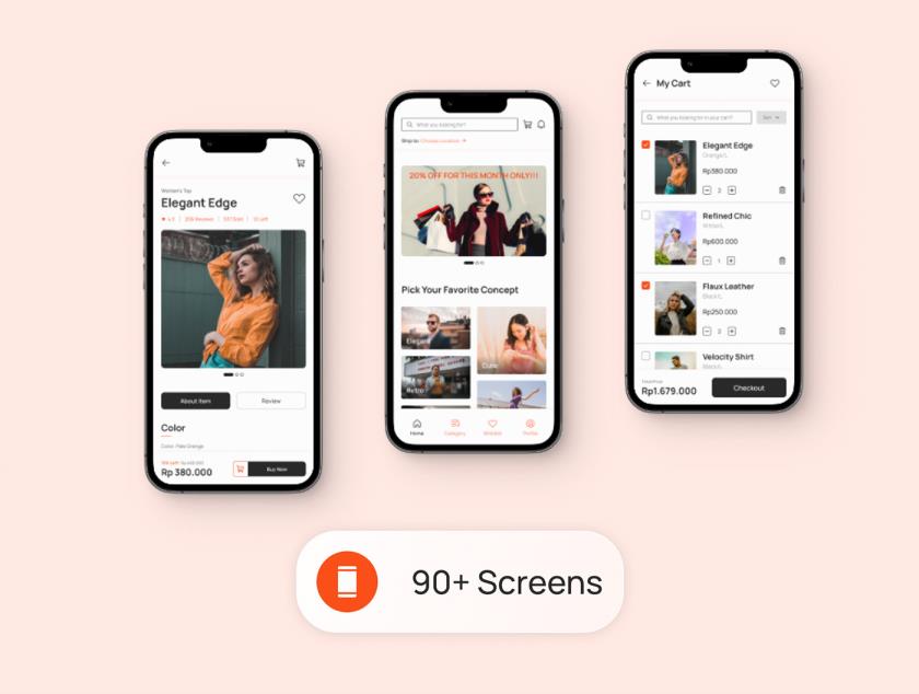 「超全」90页时尚电子商务app应用程序 UI 套件figma源文件