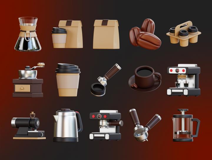 25个高级咖啡店3D插图包glb,png格式