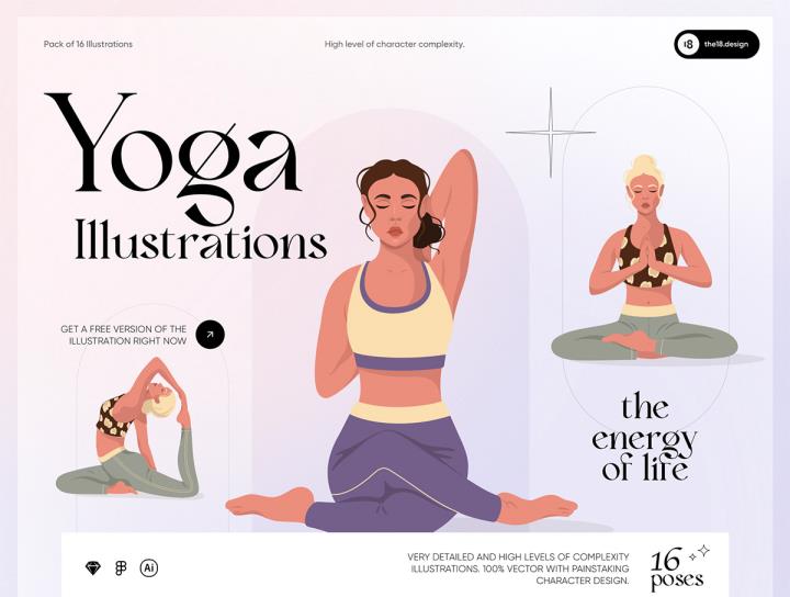 高度细致的瑜伽角色有 16 个姿势sketch,figma格式