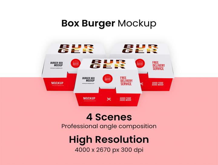 4个汉堡盒样机psd