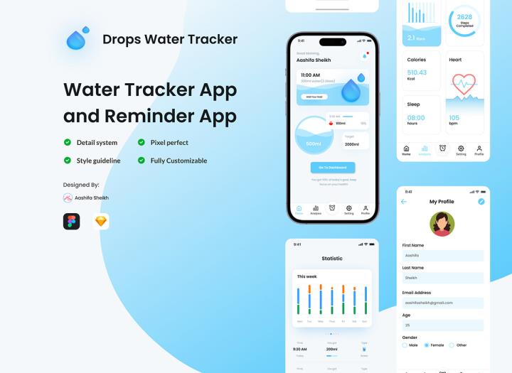 20页喝水量跟踪，均衡软件app设计figma源文件