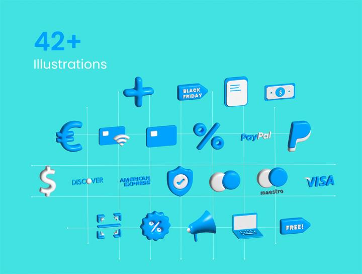 42个购物和电子商务主题的高品质 3D 图标png,ai格式