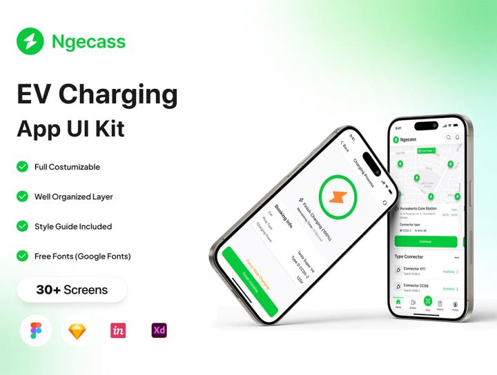 35页新能源汽车充电站app设计Sketch, XD, Figma, Invision Studio格式