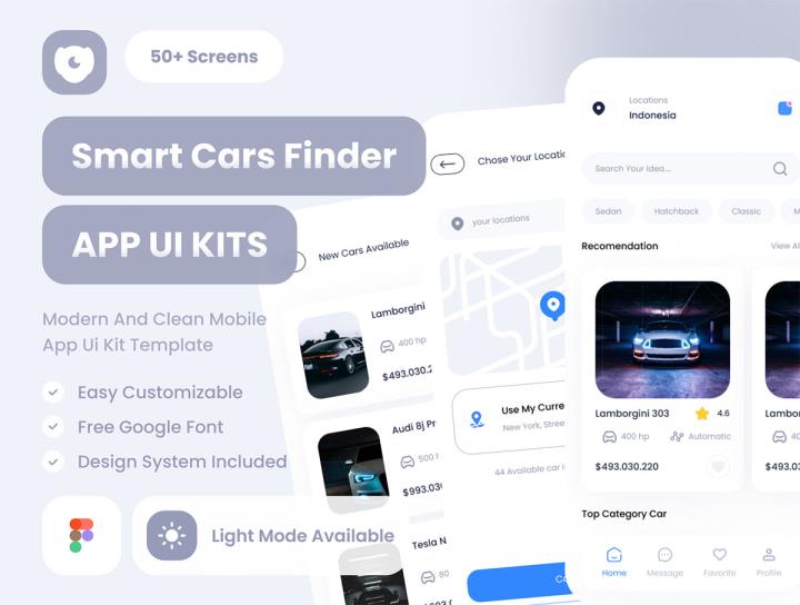 50页智能汽车查找，展示app应用程序 UI 套件模板figma格式