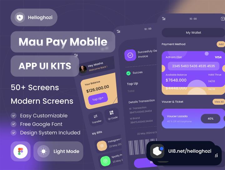 50页数字支付与钱包移动应用程序 Ui 套件模板figma格式