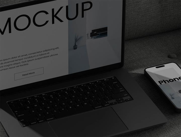 沙发背景iPhone15和Macbook可编辑的PSD模型