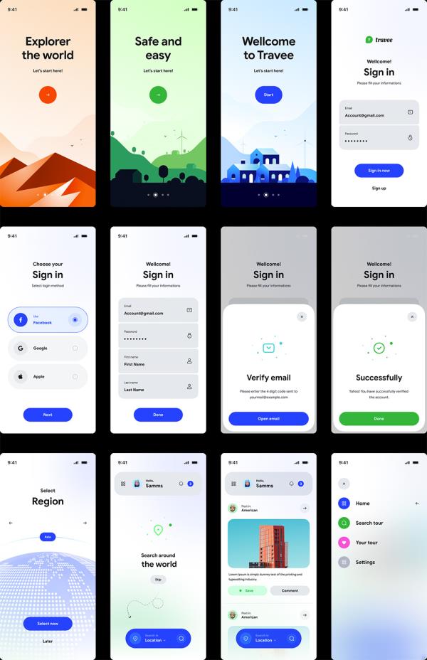 24页插画风旅游，旅行app登录注册主页设计figma源文件