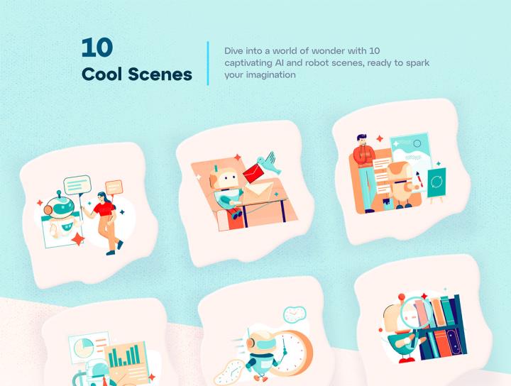 10个手绘风格的AI，人工智能机器人的网站和app插图AI, SVG, PNG格式