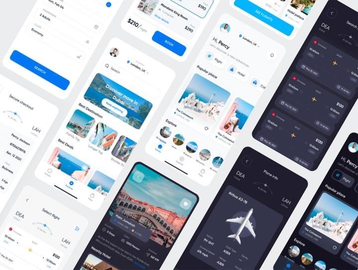 110页明暗模式航班预订App应用程序UI套件figma源文件