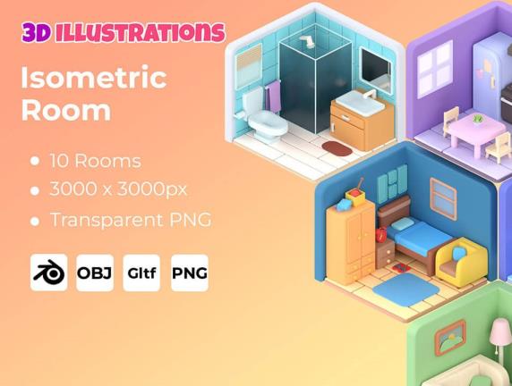 10个3D房屋场景素材blend,Gltf,obj,png格式