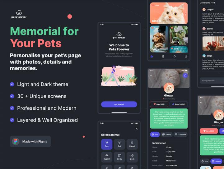 明暗72页纪念已故宠物的app应用程序figma源文件
