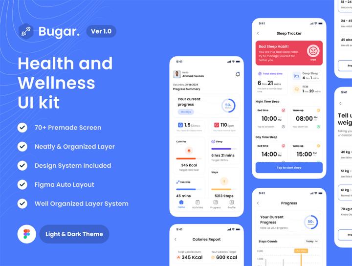 70页明暗模式健康和保健UI工具包figma源文件