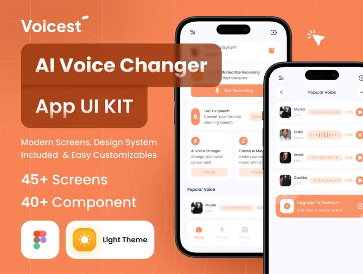45页AI语音转换应用程序Ui工具包模板figma格式