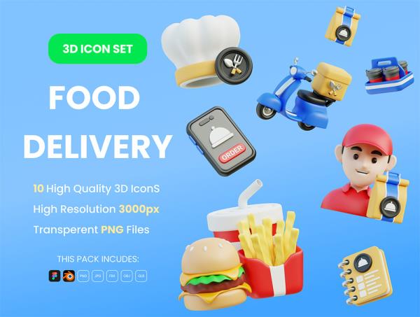 10个食品配送3D图标icon设计Blender, Figma, PNG, GLTF格式