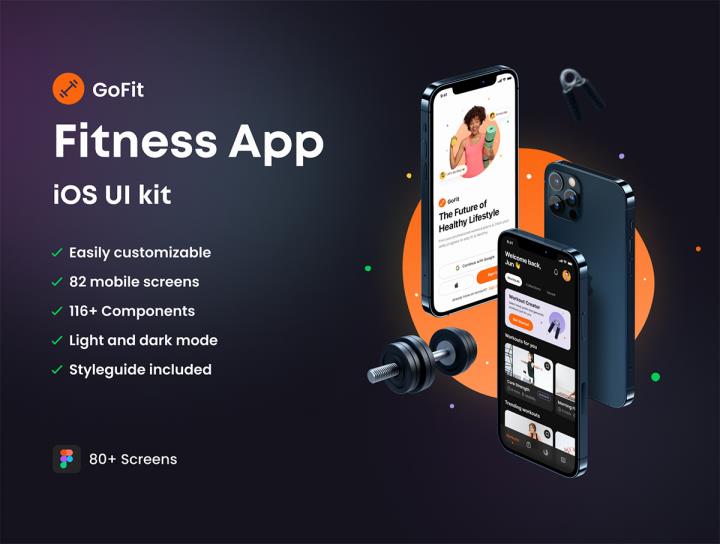 80页明暗模式GoFit -健身应用iOS UI工具包figma源文件