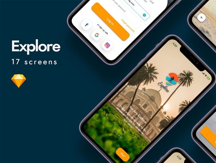 17页旅游，探索App 登录页Sign In UI Kit设计sketch源文件