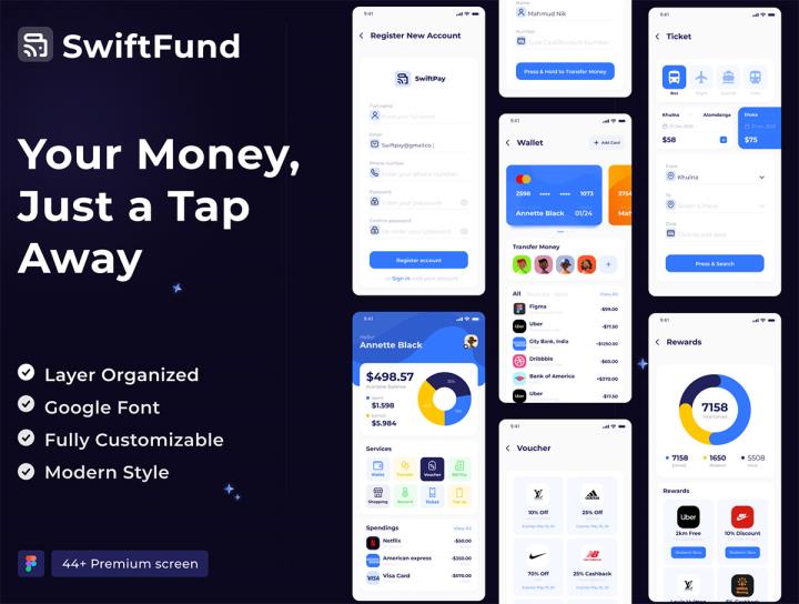 44页简单、干净、现代的设计安全的数字钱包app设计figma源文件