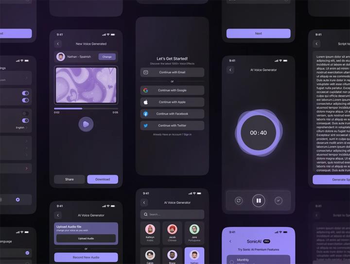 50页AI语音生成器app应用程序UI工具包figma源文件