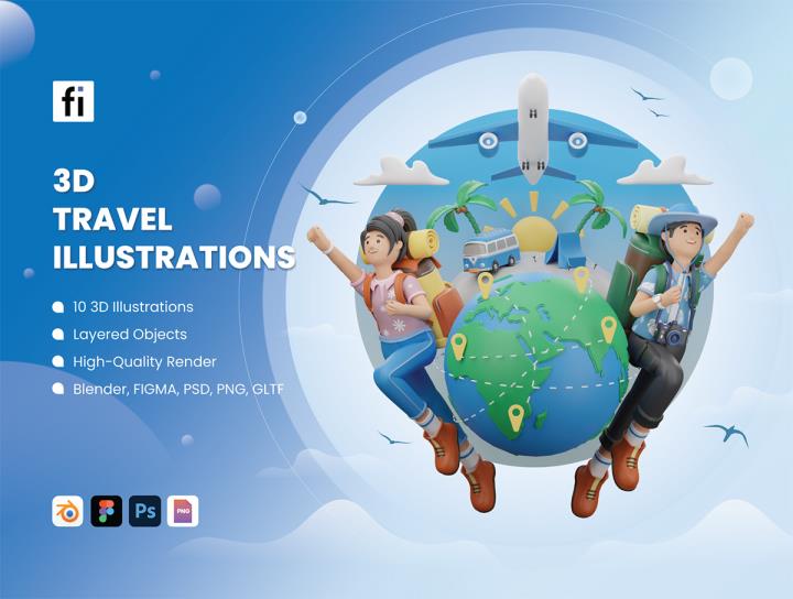 高级3D旅行插图icon图标fig,png,psd, blend, gltf格式
