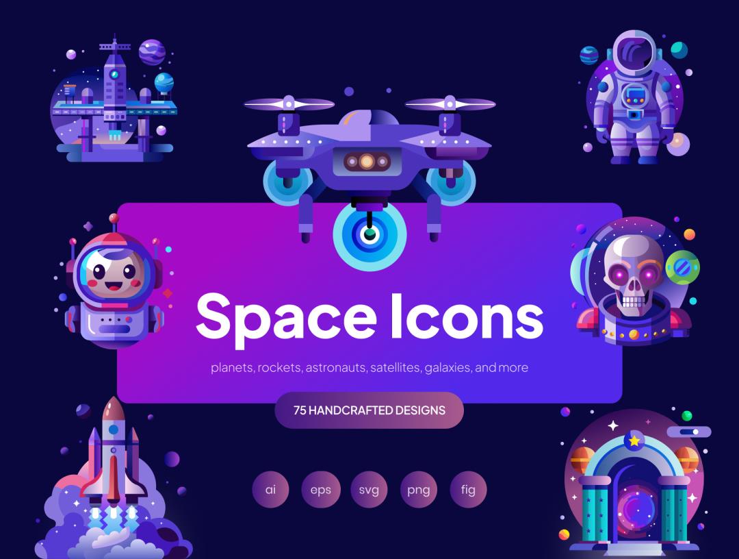 75枚空间矢量icon图标集AI, EPS, PNG, Figma和SVG格式