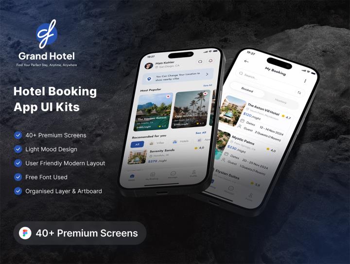 40页酒店预订app应用程序UI套件figma源文件