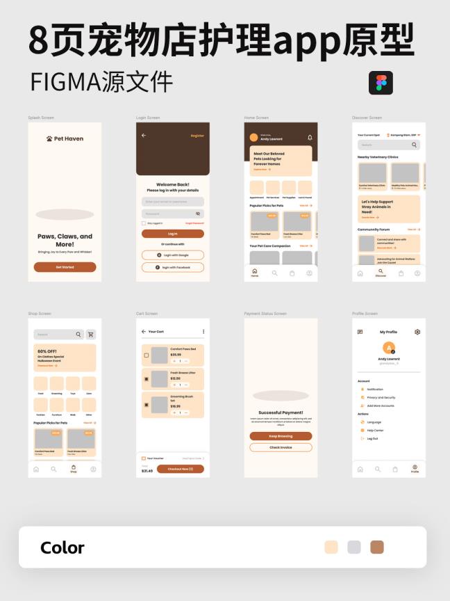 8页宠物店护理app设计原型sketch，xd，figma源文件