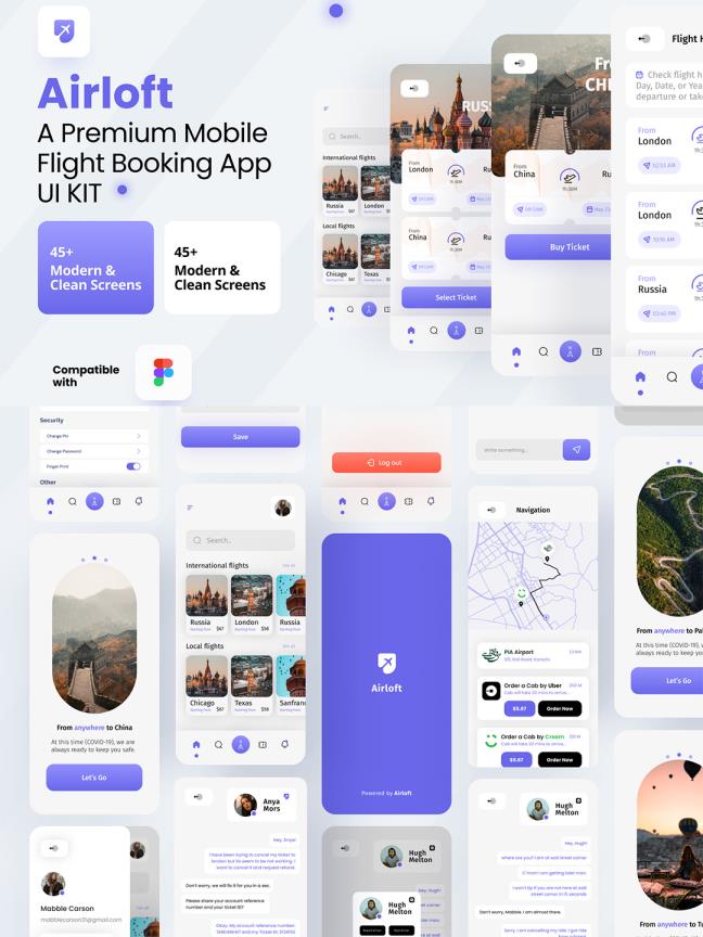 45页航班预订，机票订购app UI资源素材figma源文件