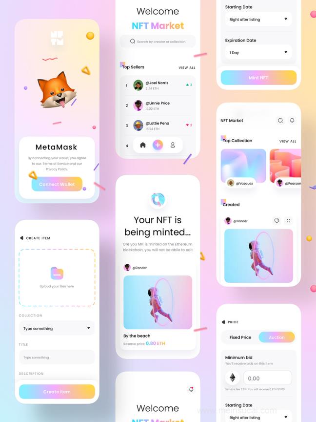 50页区块链和加密，NFT市场App应用UI设计Figma、Sketch源文件
