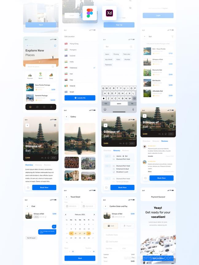 24页简约旅游app ui设计源文件figma，xd源文件