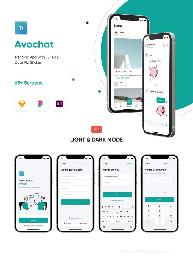 63页设计师社交，作品展示社区APP UI设计sketch，xd，figma源文件