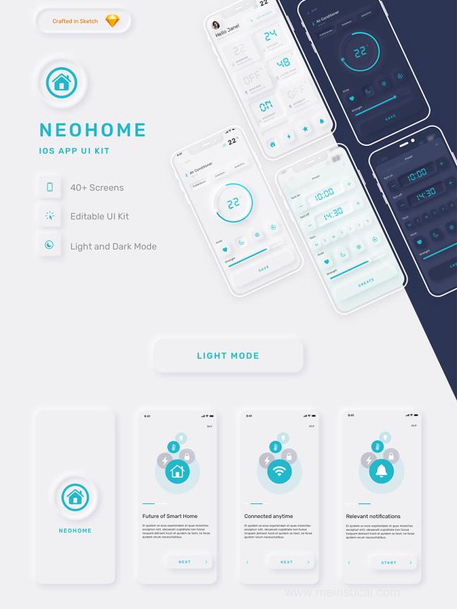 40页明暗新拟物风格智能家居App UI设计SketchI源文件