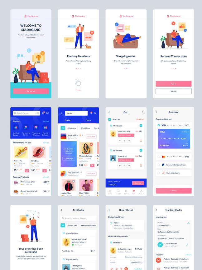 50页的插画风电商APP UI Figma， Sketch, Illustrator源文件