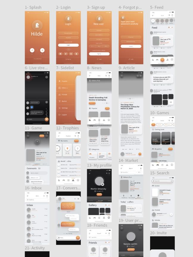 42页明暗游戏社交，电竞app设计原型UI素材xd、psd源文件