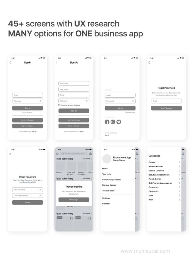 45页电商购物app设计Figma、Sketch 、 XD线框图