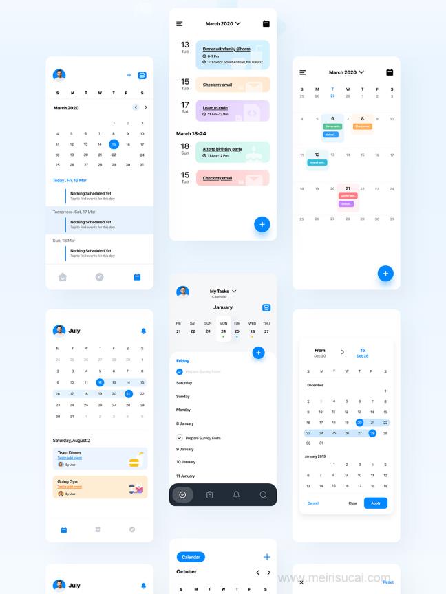 20页APP日历提醒事项记事手账xd/sketch/figma/PSD源文件