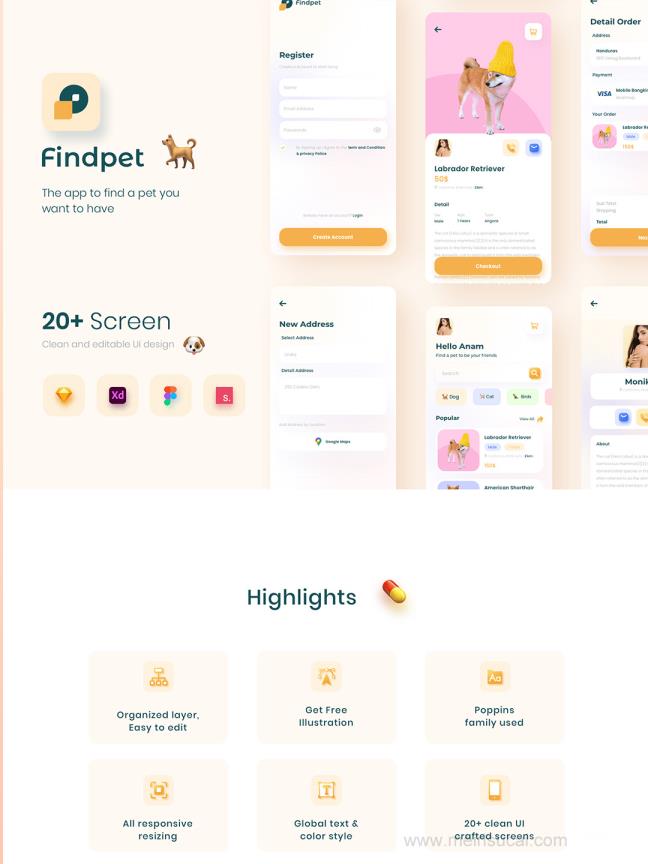 26页宠物、萌宠电商平台sketch，xd，figma，studio格式