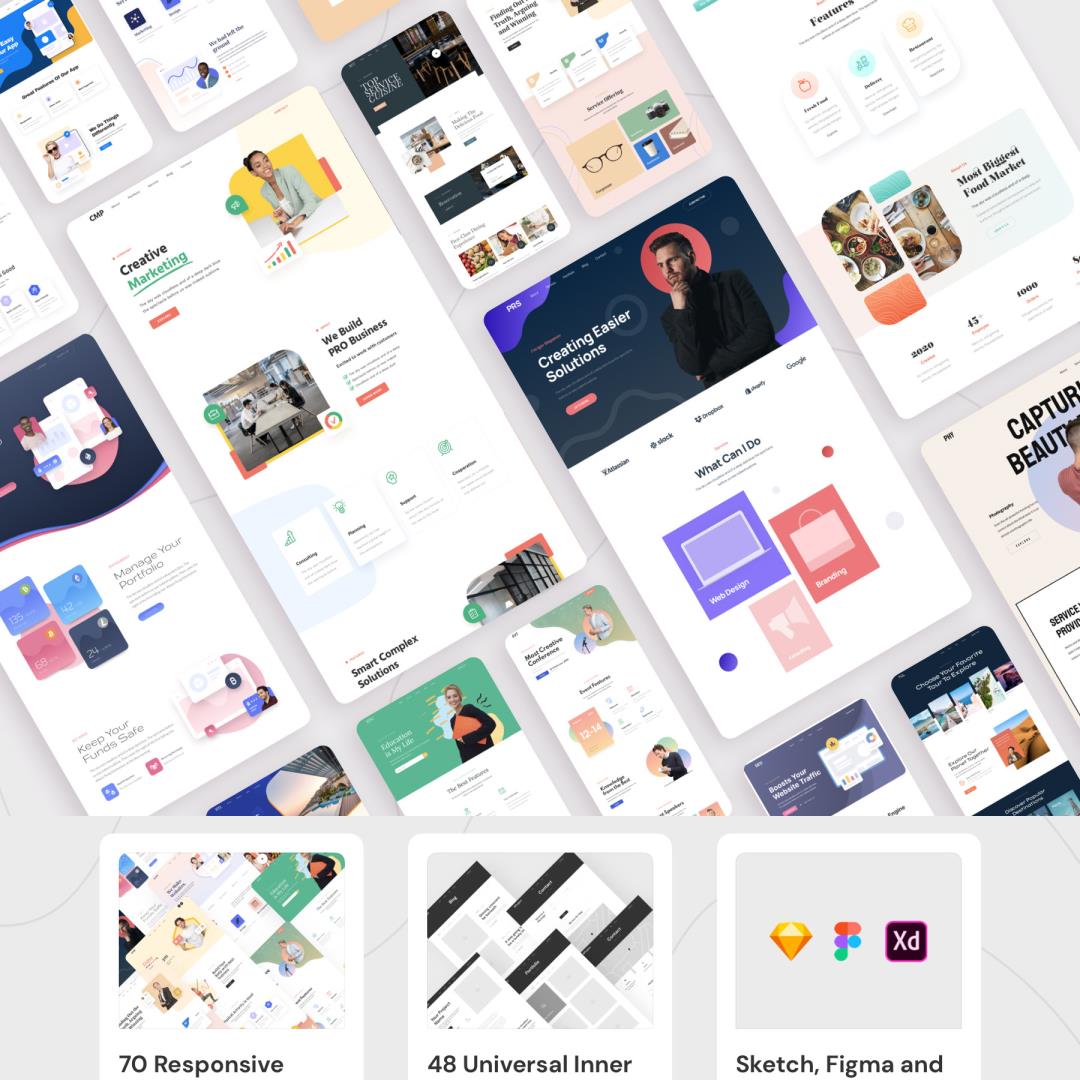 70个响应式网站+48个内页线框UI合集sketch，xd，figma格式