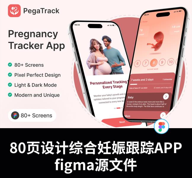80页明暗设计综合妊娠，孕期跟踪APP UI设计figma源文件