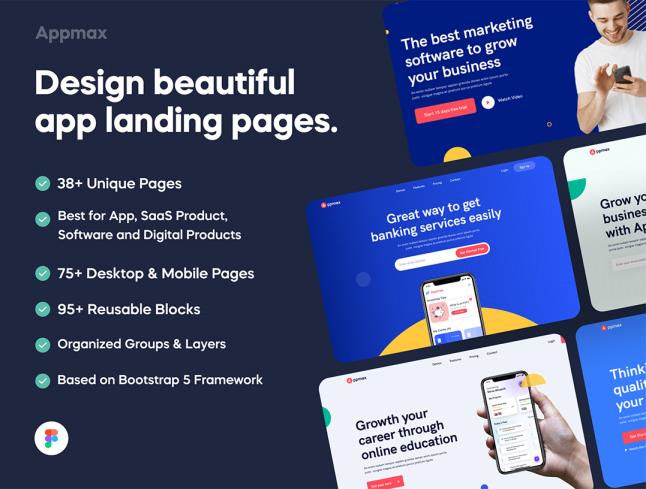 响应式10个首页，38个内页SaaS，软件产品网站设计fimga源文件