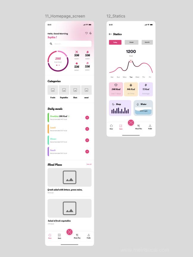 明暗32页营养跟踪、膳食计划、食谱数据app原型设计figma源文件
