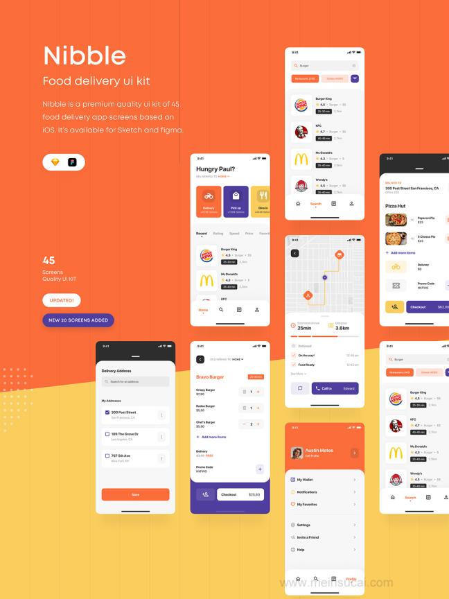 45页精心制作的食品，送餐服务app设计figma,sketch源文件