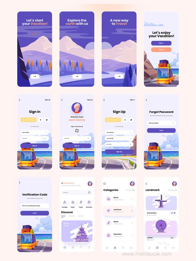 70页明暗插画风旅游app设计figma，xd，psd格式