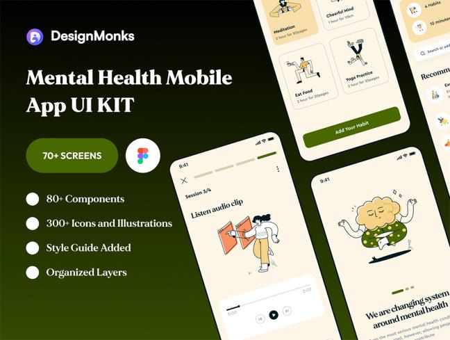 70页300个图标AI心理健康APP移动应用UI设计figma源文件