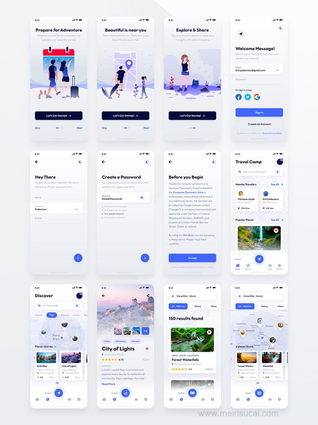 44页明暗色旅游发现app设计sketch，xd，psd格式（ps格式无图片）