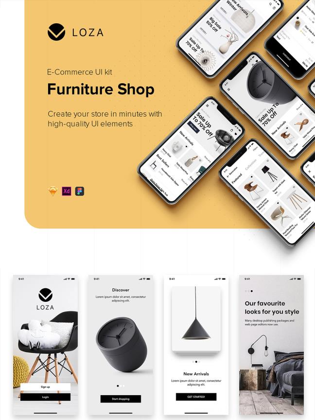 36页简约家具APP设计UI素材sketch，xd，figma格式