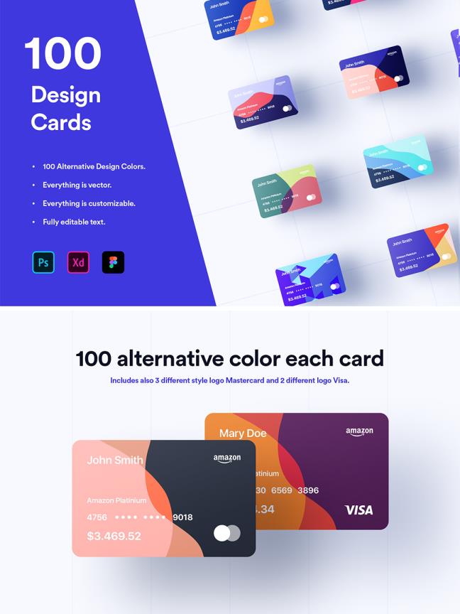 100个银行卡、会员卡，卡片样式UI源文件figma，xd，psd格式